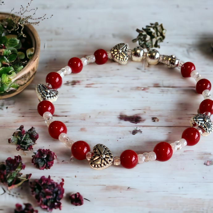 Jewelry- Red jade and Silver Heart bracelet